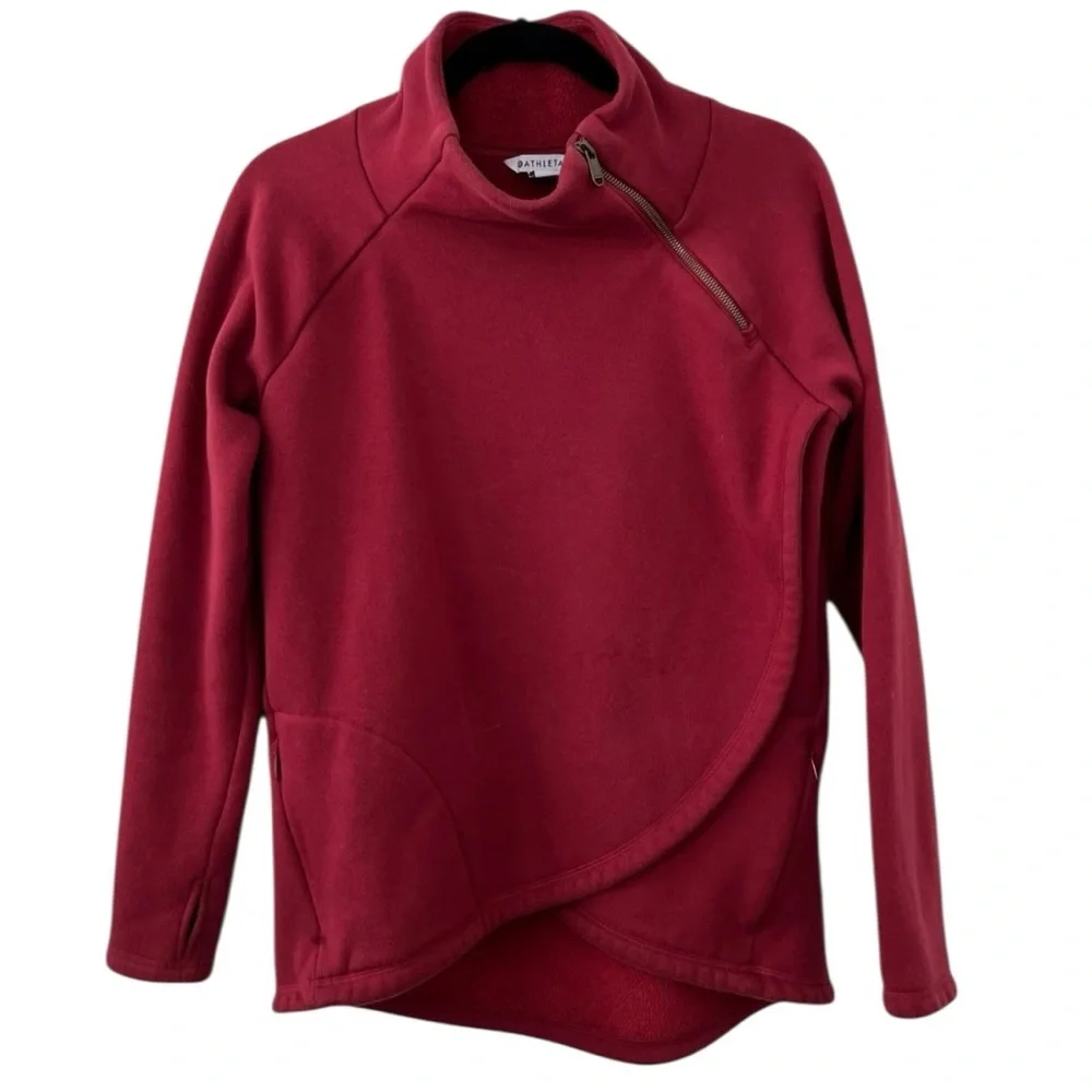 Athleta Coza Karma Asymmetrical Zippered Neck Pullover Sweatshirt Merlot Sz S - Picture 3 of 14
